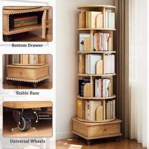 Layer Rotating Bookshelf,  Display Circular Rotating Bookshelf With Wheels And Drawers, Saving Space, Small Space Rotating Bookshelf Tower, Natural Wood Color